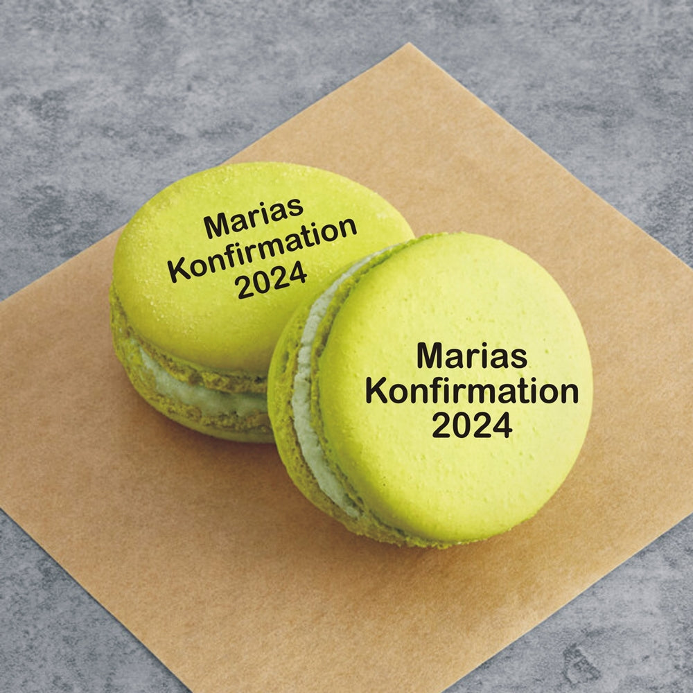 Lux Macarons 50 stk. med print til bryllup, barnedåb, konfirmation mm. - skrifttype 3
