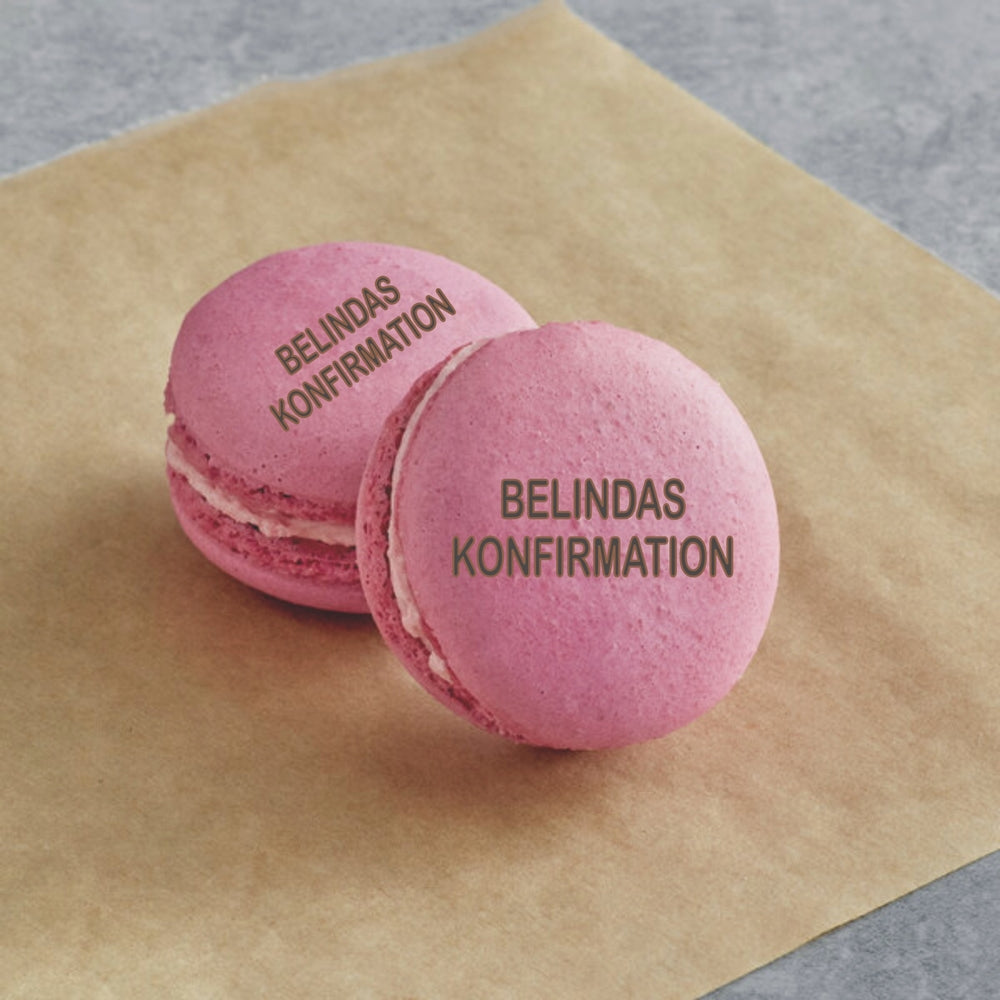 Lux Macarons 50 stk. med print til bryllup, barnedåb, konfirmation mm. - skrifttype 3