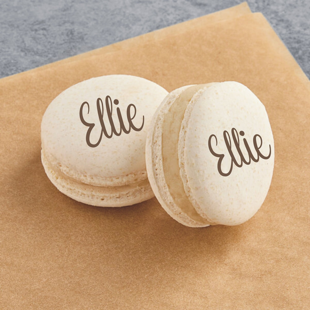 Lux Macarons 50 stk. med print til bryllup, barnedåb, konfirmation mm. - skrifttype 4