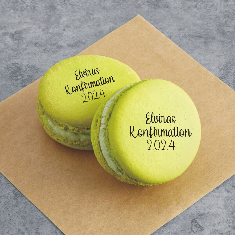 Lux Macarons 50 stk. med print til bryllup, barnedåb, konfirmation mm. - skrifttype 4