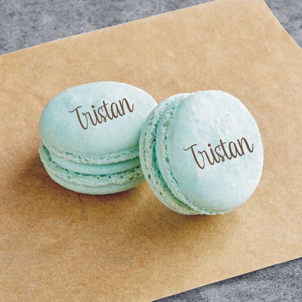 Lux Macarons 50 stk. med print til bryllup, barnedåb, konfirmation mm. - skrifttype 4
