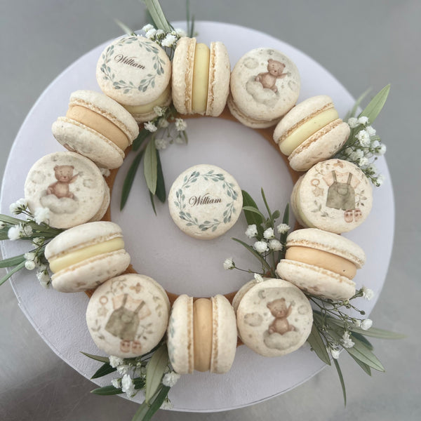 Macarons med print til bryllup, barnedåb, konfirmation mm. - skrifttype 2 - 50 stk.